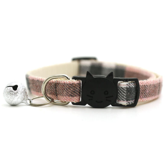 Picture of Pink - Pet Cat Collar Safety Breakaway Buckle Plaid with Bell Adjustable Suitable Kitten Puppy Supplies 19cm-32cm, 1 Piece
