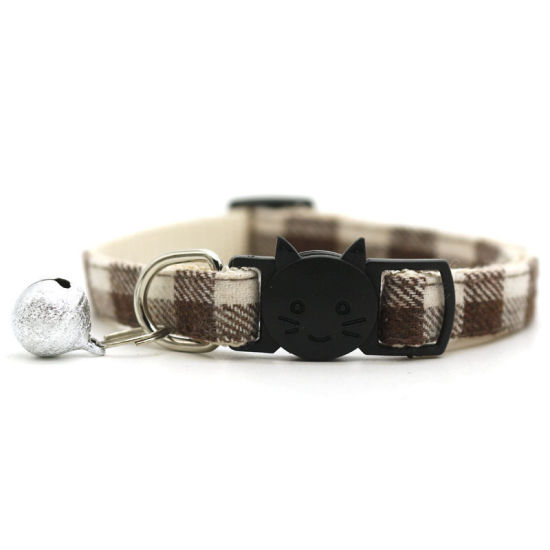 Picture of Coffee - Pet Cat Collar Safety Breakaway Buckle Plaid with Bell Adjustable Suitable Kitten Puppy Supplies 19cm-32cm, 1 Piece