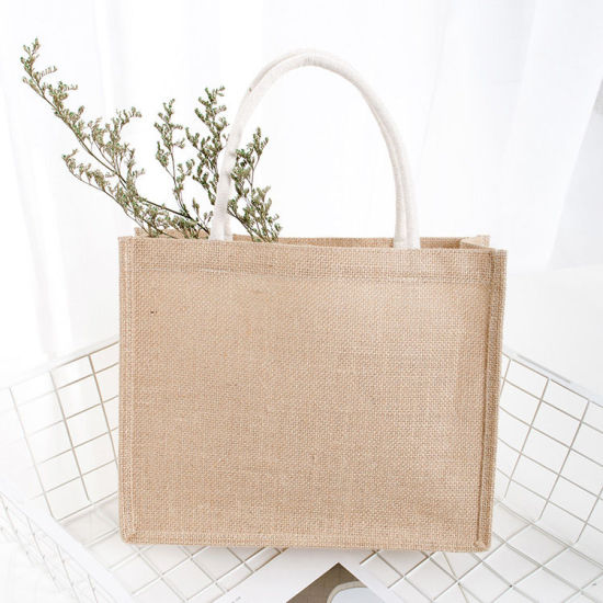 Picture of Beige - Environmentally Friendly High Capacity Waterproof PVC Membrane Jute Tote Bag with Cotton Handle 39x31x15cm, 1 Piece
