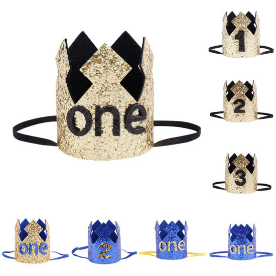 Image de Or & Bleu - Chapeau paillettes pour anniversaire de bébé couronne fournitures de fête paillettes numéro 2, 1 pièce