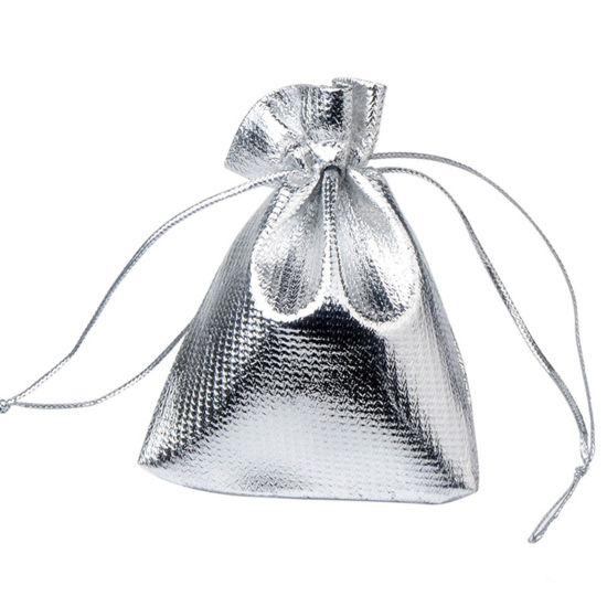 Image de Cadeau de Mariage Sac à Cordon en Polyester Argent 9cm x 7cm, 10 Pcs