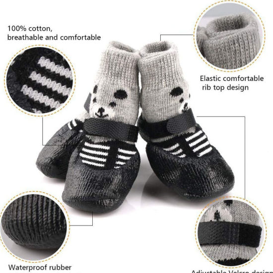 Picture of Black - 4pcs/Set Cute Rubber Pet Shoes Waterproof Non-slip Rain Snow Boots Socks For Puppy Cats Dogs Size M, 1 Set