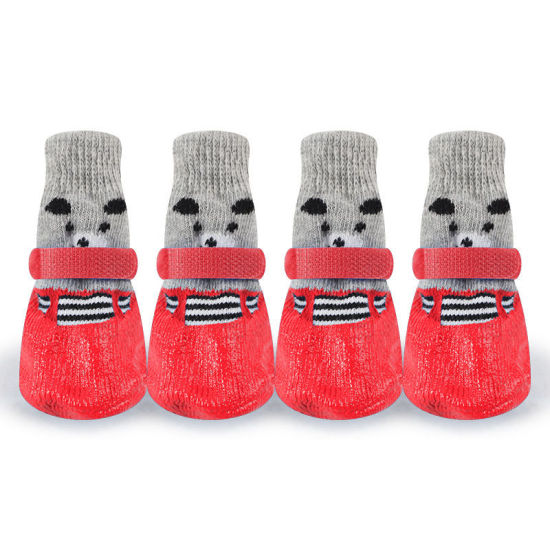 Picture of Red - 4pcs/Set Cute Rubber Pet Shoes Waterproof Non-slip Rain Snow Boots Socks For Puppy Cats Dogs Size S, 1 Set