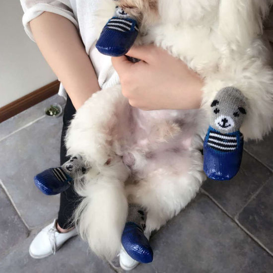 Picture of Blue - 4pcs/Set Cute Rubber Pet Shoes Waterproof Non-slip Rain Snow Boots Socks For Puppy Cats Dogs Size L, 1 Set