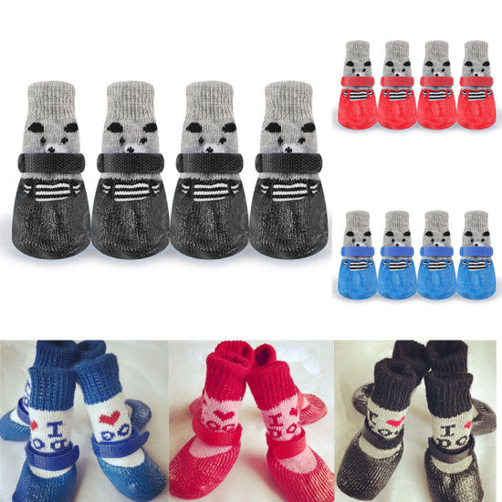 Picture of Black - 4pcs/Set Cute Rubber Pet Shoes Waterproof Non-slip Rain Snow Boots Socks For Puppy Cats Dogs Size S, 1 Set