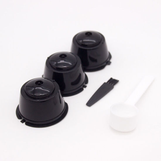 Picture of Black - 3Pcs Coffee Filter Cup With Spoon Brush Fit For Dolce Reusable Coffee Capsule Filters Baskets Capsules Kitchen Tools 5.4x5.4x3.5cm, 1 Set