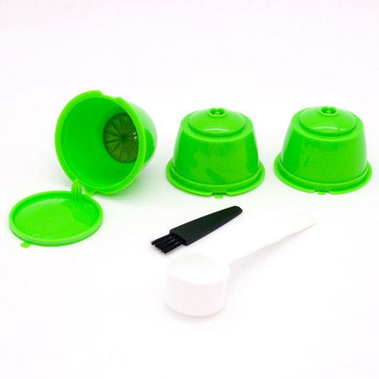 Изображение Grass Green - 3Pcs Coffee Filter Cup With Spoon Brush Fit For Dolce Reusable Coffee Capsule Filters Baskets Capsules Kitchen Tools 5.4x5.4x3.5cm, 1 Set