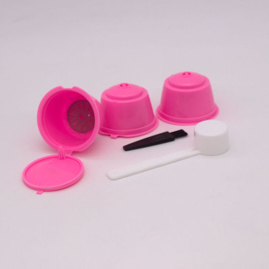 Picture of Pink - 3Pcs Coffee Filter Cup With Spoon Brush Fit For Dolce Reusable Coffee Capsule Filters Baskets Capsules Kitchen Tools 5.4x5.4x3.5cm, 1 Set