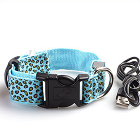 Picture of Blue - Nylon Leopard Print Luminous Adjustable LED Glowing Dog Collar For Dogs Pet Night Safety 43cm long, 1 Piece