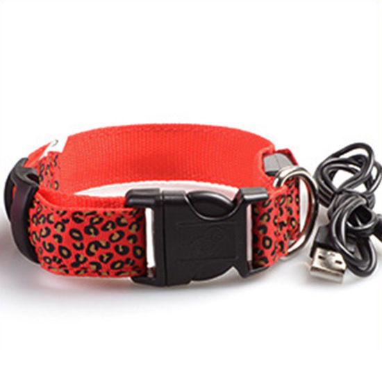 Picture of Red - Nylon Leopard Print Luminous Adjustable LED Glowing Dog Collar For Dogs Pet Night Safety 43cm long, 1 Piece
