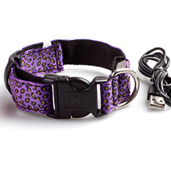 Picture of Purple - Nylon Leopard Print Luminous Adjustable LED Glowing Dog Collar For Dogs Pet Night Safety 43cm long, 1 Piece
