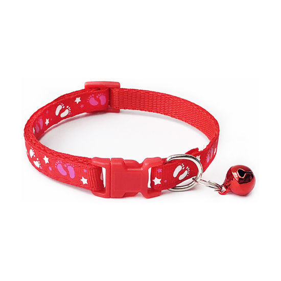 Picture of Red - Footprint Polyester Adjustable Dog Collars With Bell Pet Supplies Accessories 19cm long, 1 Piece