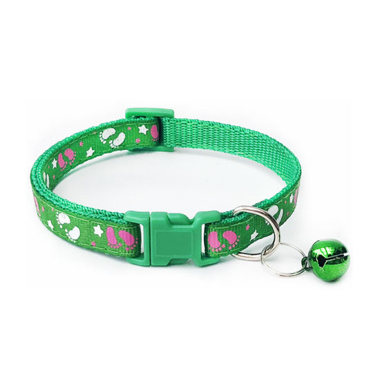 Picture of Grass Green - Footprint Polyester Adjustable Dog Collars With Bell Pet Supplies Accessories 19cm long, 1 Piece