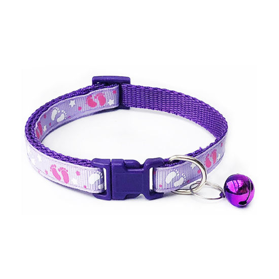 Picture of Purple - Footprint Polyester Adjustable Dog Collars With Bell Pet Supplies Accessories 19cm long, 1 Piece