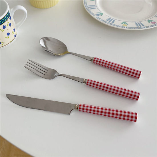 Picture of Red - Stainless Steel & Ceramic Knife Fork Spoon Tableware Gift 3PCs Set 20.5cm long - 18cm long, 1 Set