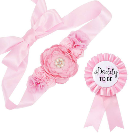 Picture of Pink - Flower Belt Daddy To Be Brooch Badge Baby Shower Party Supplies, 1 Set