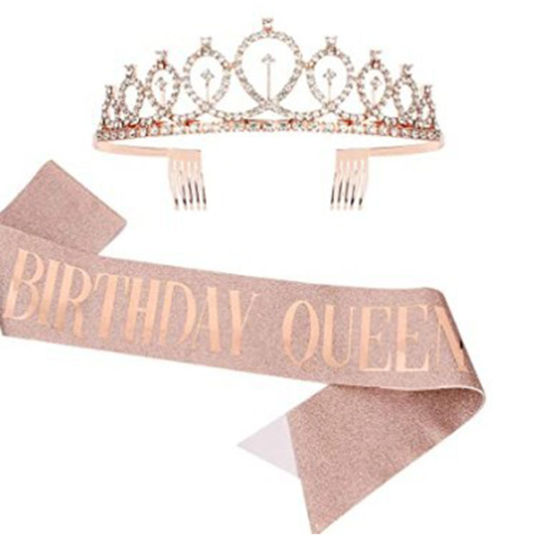 Picture of Rose Gold - Birthday Queen Ribbon Girl Shiny Crown Rhinestone Party Supplies 12x4cm, 1 Set