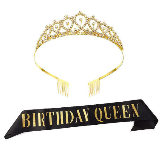 Picture of Gold Plated - Birthday Queen Ribbon Girl Shiny Crown Rhinestone Party Supplies 12x4cm, 1 Set