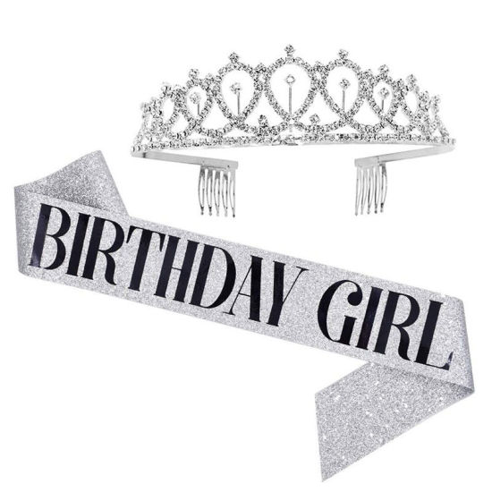 Picture of Silver - Birthday Girl Ribbon Shiny Crown Rhinestone Party Supplies 12x4cm, 1 Set