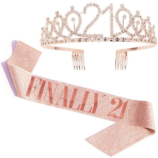 Picture of Rose Gold - Finally 21 Ribbon Shiny Crown Rhinestone Party Supplies 12x4cm, 1 Set