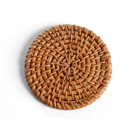 Изображение Brown - Rattan Weaving Round Tea Coaster Mat Tea Ceremony Tools 8cm Dia., 1 Piece