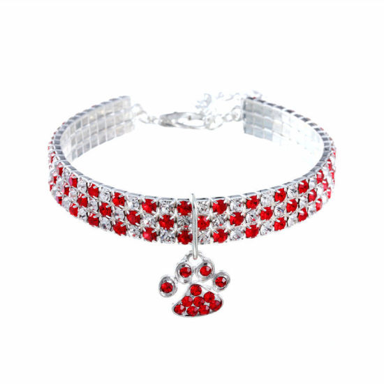 Picture of Red - Rhinestone Elastic Pet Collar Necklace Jewelry Cat Dog Claw Pet Supplies 29.5cm long, 1 Piece