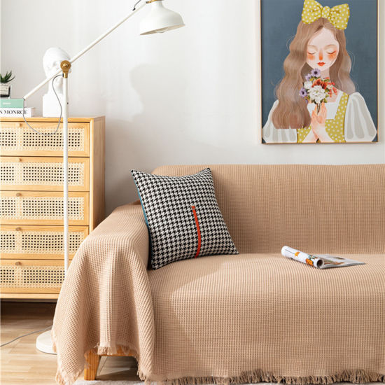 Image de Kaki - Housse de canapé à double usage en mélange de coton et polyester avec pompon de couleur unie 90x90cm, 1 pièce