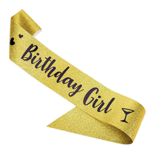 ゴールデン - 誕生日の女の子 PU レザー グリッター バースデー サッシュ 女性の誕生日パーティーの記念品 158x9.5cm、1 個 の画像