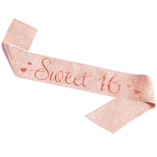 Picture of Rose Gold - Sweet 16 PU Leather Glitter Birthday Sash For Women Birthday Party Favors 158x9.5cm, 1 Piece