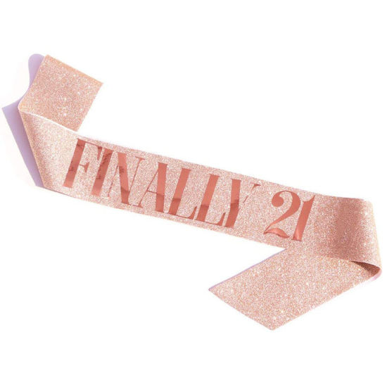 Picture of Rose Gold - Finally 21 PU Leather Glitter Birthday Sash For Women Birthday Party Favors 158x9.5cm, 1 Piece