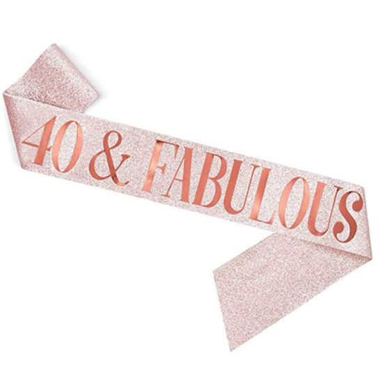 Picture of Rose Gold - 40 & Fabulous PU Leather Glitter Birthday Sash For Women Birthday Party Favors 158x9.5cm, 1 Piece