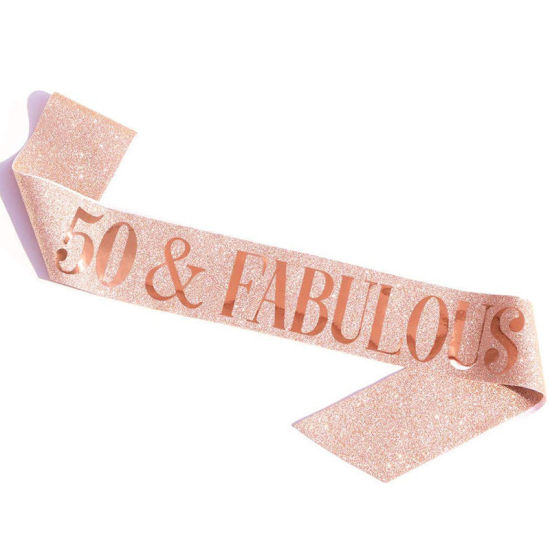Picture of Rose Gold - 50 & Fabulous PU Leather Glitter Birthday Sash For Women Birthday Party Favors 158x9.5cm, 1 Piece
