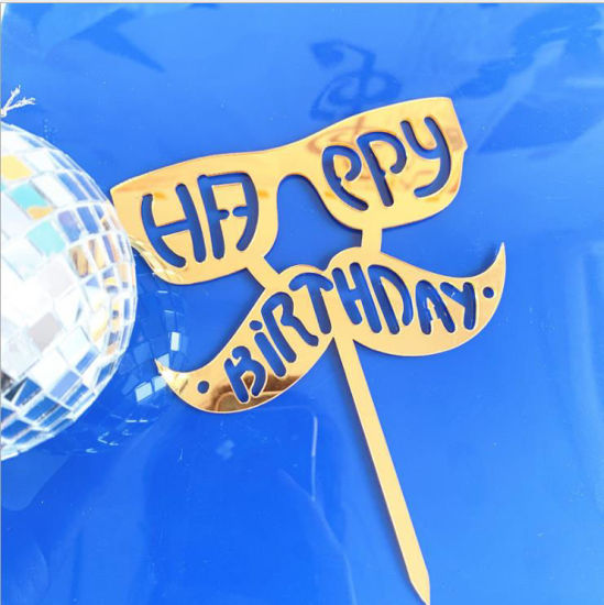 Bild von Golden - Happy Birthday Schnurrbart Vatertag Acryl Tortenpicks Dekoration Geburtstag Party Zubehör 14cm lang, 1 Stück
