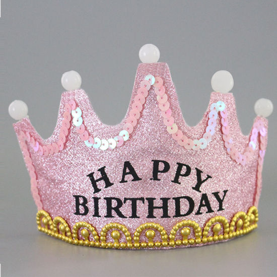 Image de Rose - Joyeux anniversaire Glitter Nonwoven LED Light Crown Hat Fournitures de fête d'anniversaire pour enfants et adultes 11,5x12,2 cm, 1 pièce