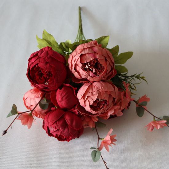 Image de Rouge - Fleurs de simulation en fausse soie Ranunculus Pivoine Décoration de la maison 50 cm de long, 1 bouquet