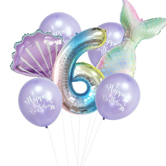 Изображение Purple - Aluminium Foil & Latex Number " 6 " Mermaid Shell Balloon Gradient Color Birthday Party Decorations, 1 Set