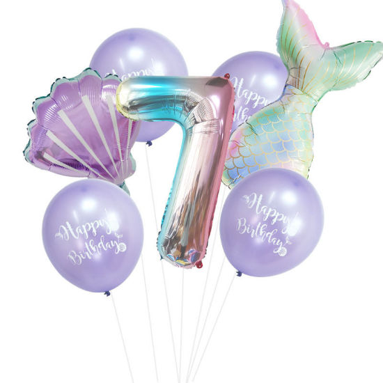 Изображение Purple - Aluminium Foil & Latex Number " 7 " Mermaid Shell Balloon Gradient Color Birthday Party Decorations, 1 Set
