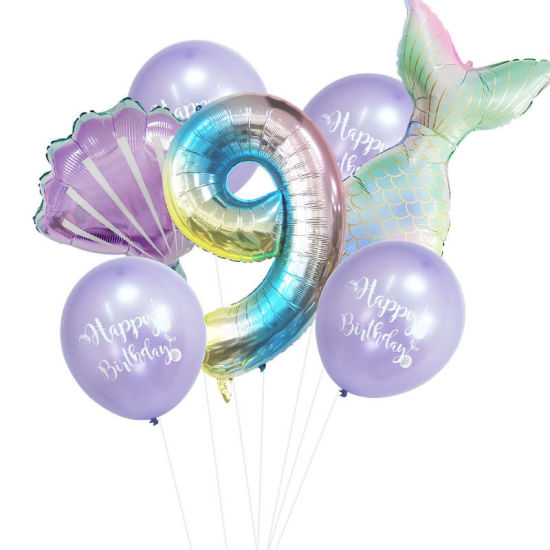 Изображение Purple - Aluminium Foil & Latex Number " 9 " Mermaid Shell Balloon Gradient Color Birthday Party Decorations, 1 Set