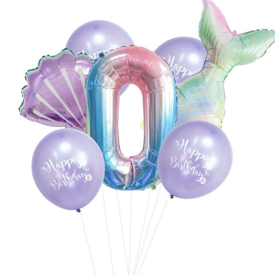 Изображение Purple - Aluminium Foil & Latex Number " 0 " Mermaid Shell Balloon Gradient Color Birthday Party Decorations, 1 Set
