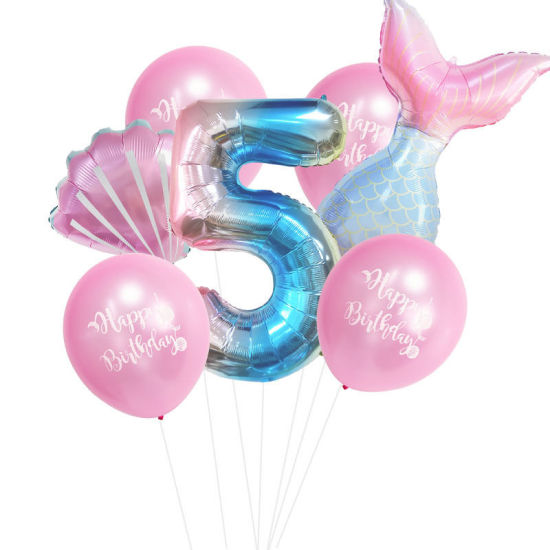 Изображение Pink - Aluminium Foil & Latex Number " 5 " Mermaid Shell Balloon Gradient Color Birthday Party Decorations, 1 Set