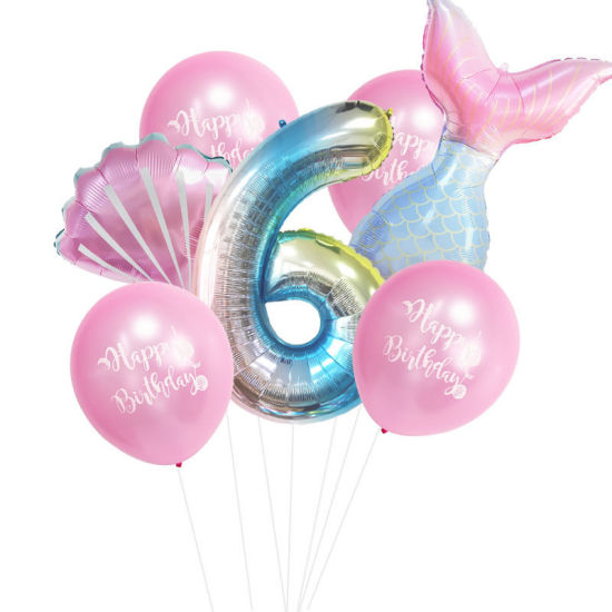 Изображение Pink - Aluminium Foil & Latex Number " 6 " Mermaid Shell Balloon Gradient Color Birthday Party Decorations, 1 Set