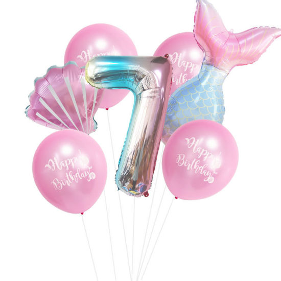Изображение Pink - Aluminium Foil & Latex Number " 7 " Mermaid Shell Balloon Gradient Color Birthday Party Decorations, 1 Set