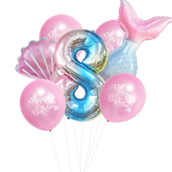 Изображение Pink - Aluminium Foil & Latex Number " 8 " Mermaid Shell Balloon Gradient Color Birthday Party Decorations, 1 Set
