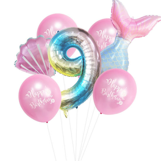 Изображение Pink - Aluminium Foil & Latex Number " 9 " Mermaid Shell Balloon Gradient Color Birthday Party Decorations, 1 Set