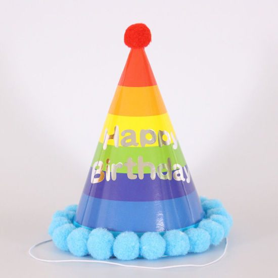 Image de Bleu - Pom Pom Ball Chapeau De Papier Chapeau Accessoires D'anniversaire Décorations De Fête 19x12.5cm, 1 Pièce