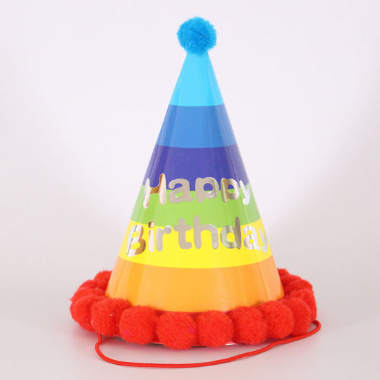Image de Rouge - Pom Pom Ball Paper Cap Chapeau Accessoires d'anniversaire Décorations de fête 19x12.5cm, 1 Pièce