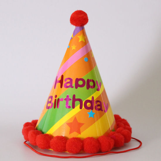 Picture of Red - Pom Pom Ball Paper Cap Hat Birthday Props Party Decorations 19x12.5cm, 1 Piece