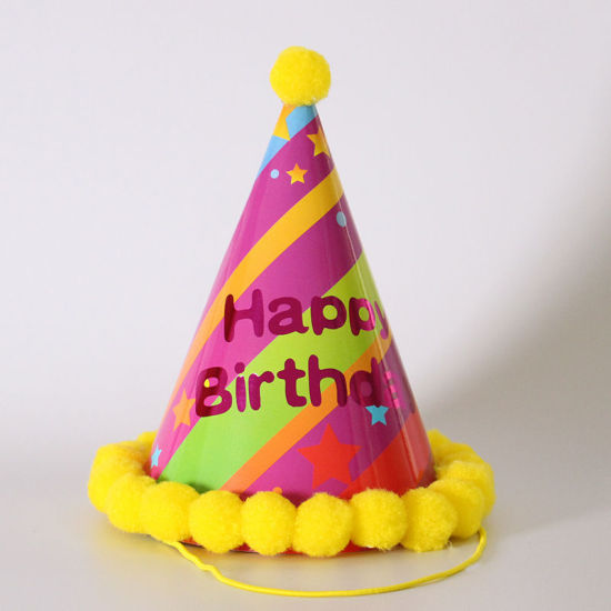 Picture of Yellow - Pom Pom Ball Paper Cap Hat Birthday Props Party Decorations 19x12.5cm, 1 Piece