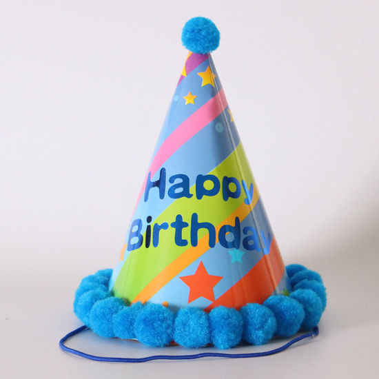 Picture of Blue - Pom Pom Ball Paper Cap Hat Birthday Props Party Decorations 19x12.5cm, 1 Piece