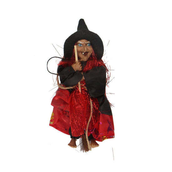 Picture of Red - 3# Halloween Retro Witch with Broom Party Home Ornament Decoration 20cm long, 1 Piece